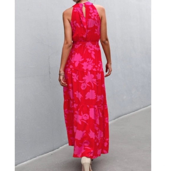 Boho pink floral print belted halter maxi dress - Picture 8 of 12